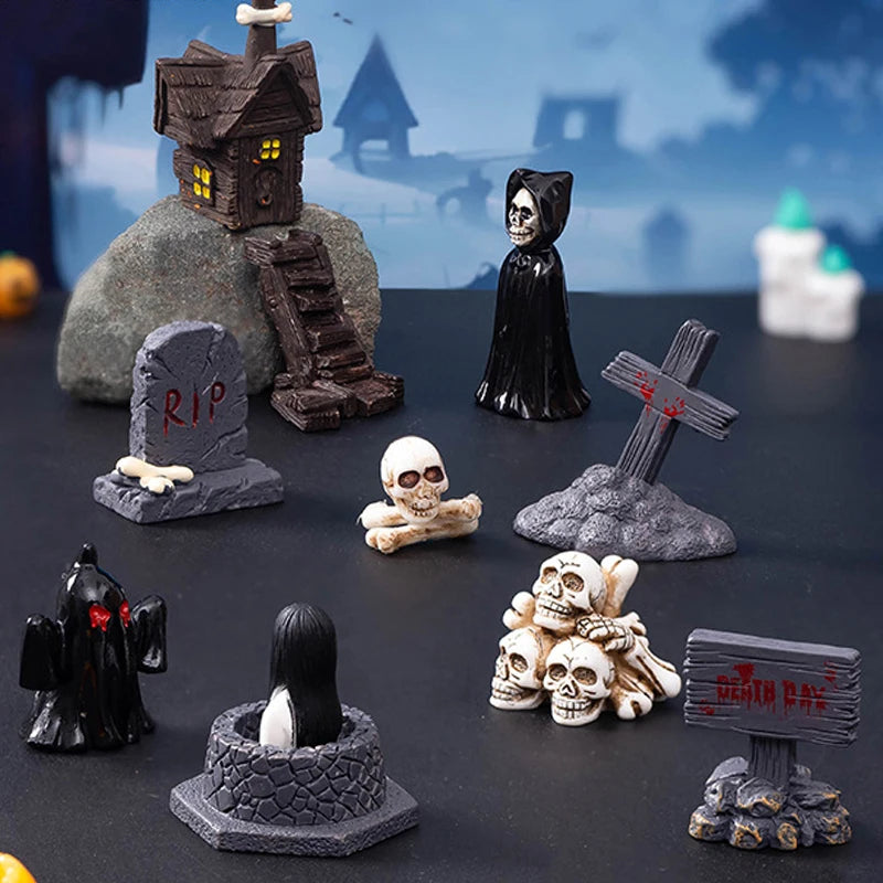 Halloween Resin Ghost Skull Tombstone Miniature Figurines Dollhouse Accessories Halloween Home Table Flower Pot Decor