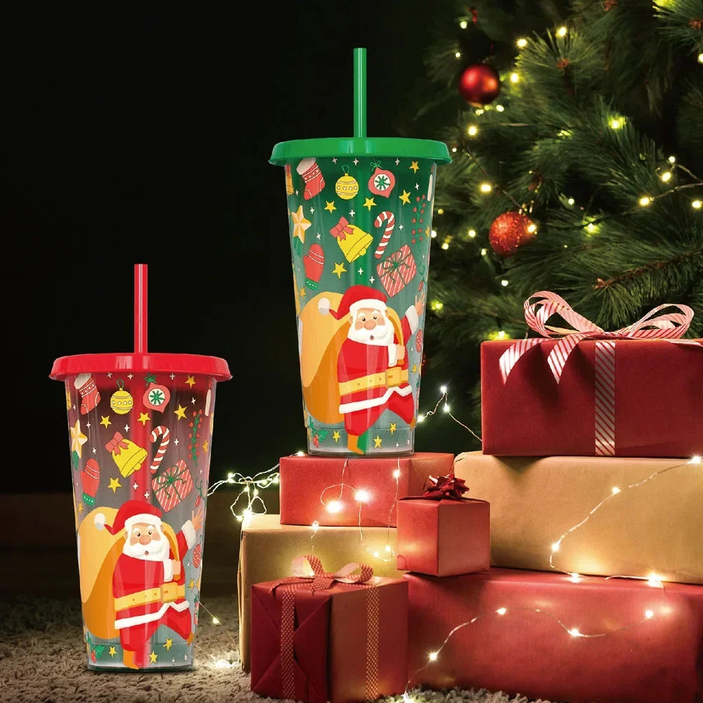 Christmas Color Changing Mugs Large Capacity Cold Feeling Cups with Straw Two Piece Father Christmas Coffee Tea Holiday Gift