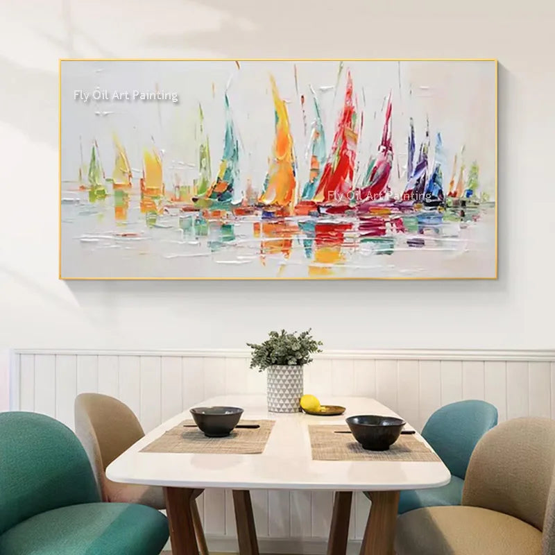 Large New Design Blue Sea White Boats Gold Foil Canvas Wall Art Hand Drawn Colorful Feets Nice Seascapce Oil Painting For Decor