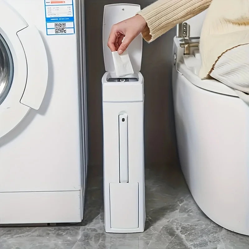 Ultra Thin Narrow Edge Wastebasket Built in Toilet Brush Plastics Bin Press Type Recycle Bins Two-in-one Home Bathroom Trash Can