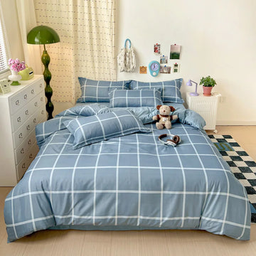 4PCS Light Blue Grid Bedding Set Modern White Line Checkered Duvet Cover Set with Pillowcases Soft Breathable Bed Linen for