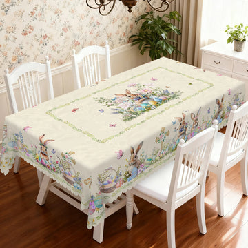 Cute Bunny Easter-Themed Tablecloth, with Crosses, Easter Eggs, Flowers, Butterflies, Cute Bunny Print Patterns, Multiple Size Options, Embossed Edges, Waterproof, Wrinkle-Resistant, Fade-Resistant, Perfect Gift for Family an