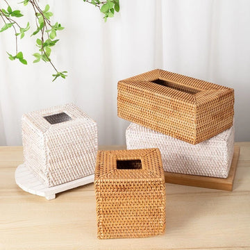White Washed Rattan Tissue Box Handwoven Bamboo Tissue Holder Creative Wicker Napkin Storage Box Decorative Desktop Organizer