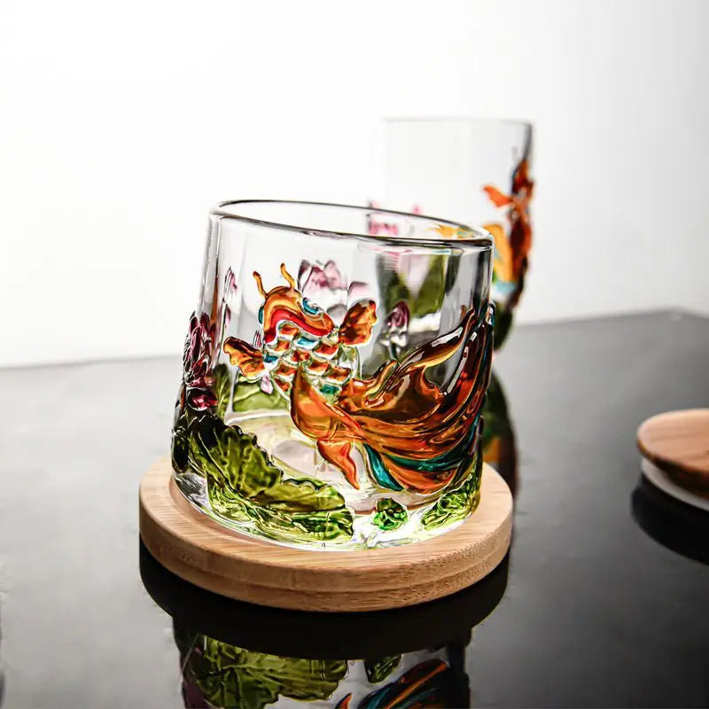 Emboss Drinkware Pressure Reducing Rotatable Mug Whiskey Glass with Base Beer Cup Glassware Koi Fish Lotus Home Cocktail Glass