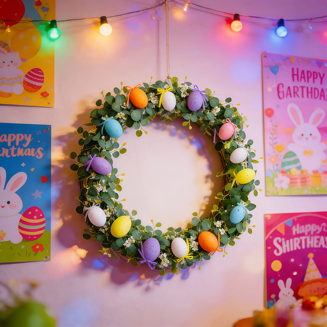 Easter Eucalyptus Vine Egg Wreath with Artificial Eucalyptus Leaves and Foam Eggs, Ideal for Easter, Weddings, Valentine's Day, St. Patrick's Day, Spring, and Mother's Day - Perfect for Hanging Wreaths, Fireplace Mantels, and