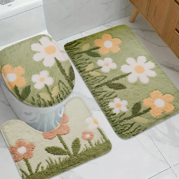 Daisy flower printed floor mat set, bathroom non slip mat, shower small carpet, toilet seat cushion, door mat, machine washable