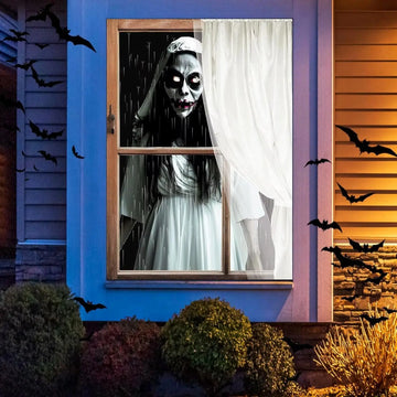 Halloween Window Cover Decorations, Fabric Scary Halloween Window Door Banner Creepy Halloween Window Front Door Covering Curtai