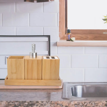 4Pcs Bamboo Bathroom Accessory Set Stylish Wood and Ceramic Wash Cup Holder for Tidy Bathroom Counter Organization Essentials