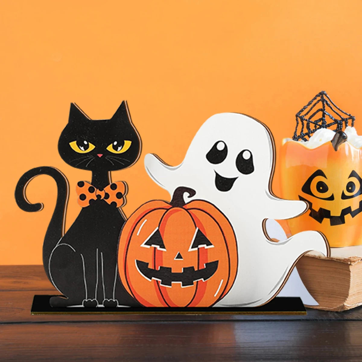 Halloween Decorations Wooden Cat Pumpkin Ghost Figurines Home Party Ornaments