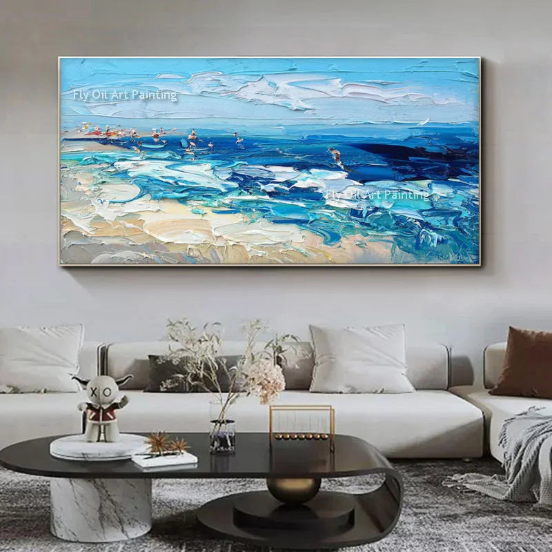 Blue And White Seascape With Sunrise Oil Painting Handmade Large Seawaves Thick Canvas Wall Art Beautiful Sea Artwork For Decor
