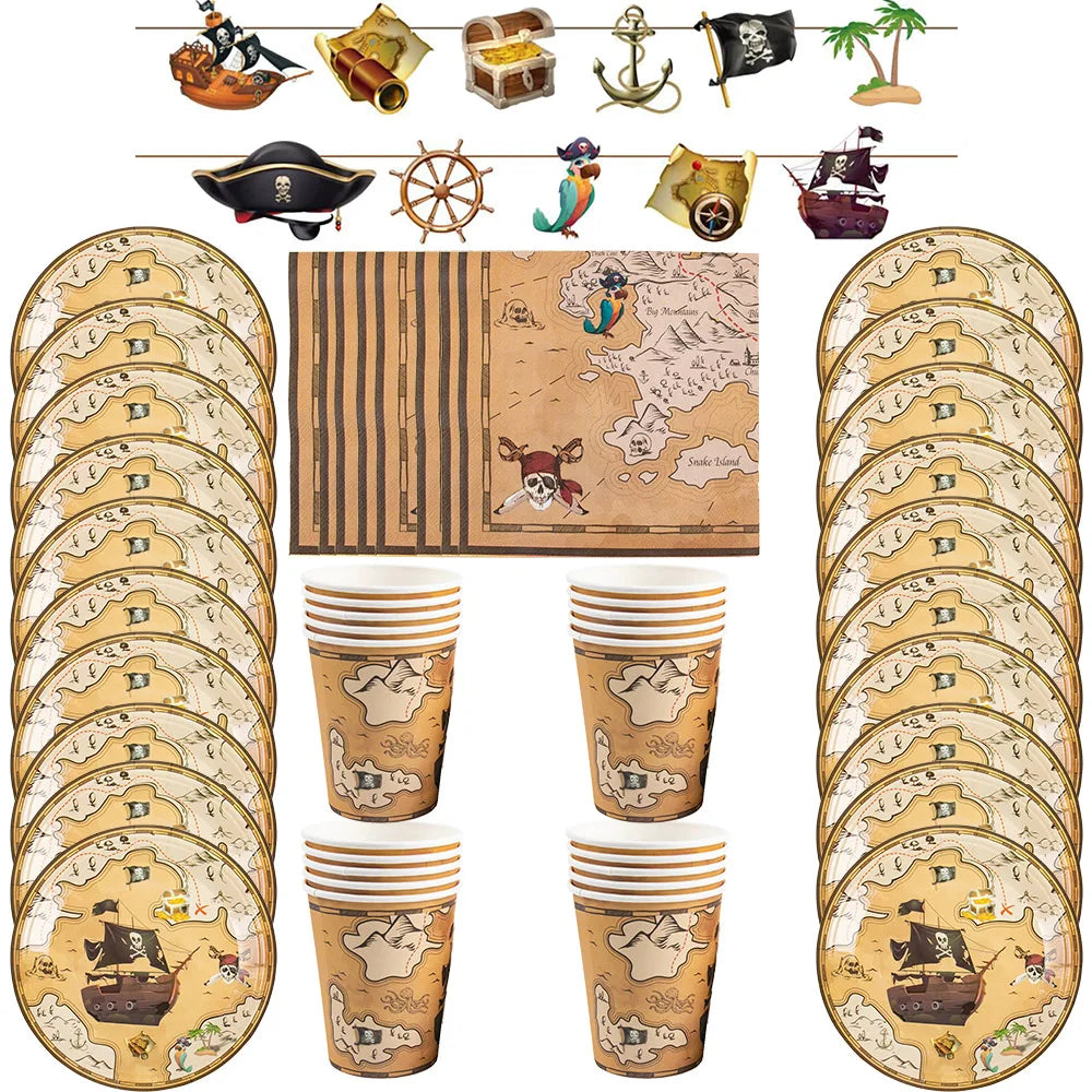 Pirate Party Decoration Telescope Gold Coins Pirate Hat Adventure Party Disposable Dinnerware Set Halloween Treasure Party Decor