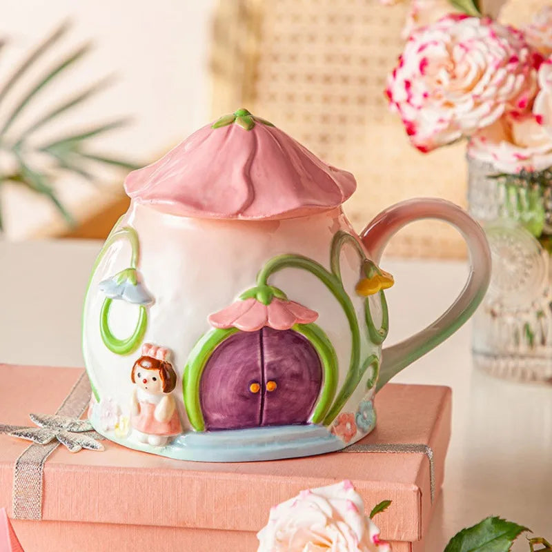 Creative House Mug Embossed Flower Ceramic Cup with Lid Afternoon Tea Coffee Drinkware Home Decor Women Gift Drinkware