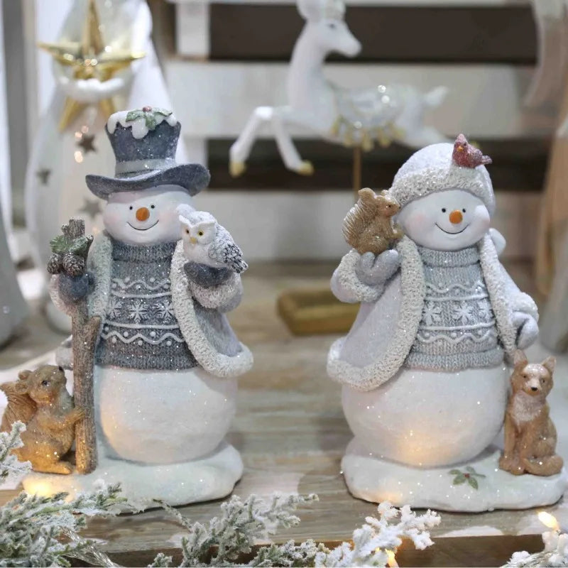 European Christmas Resin Gray Blue Yarn Effect Christmas Snowman with Animal Gathering Window Decoration
