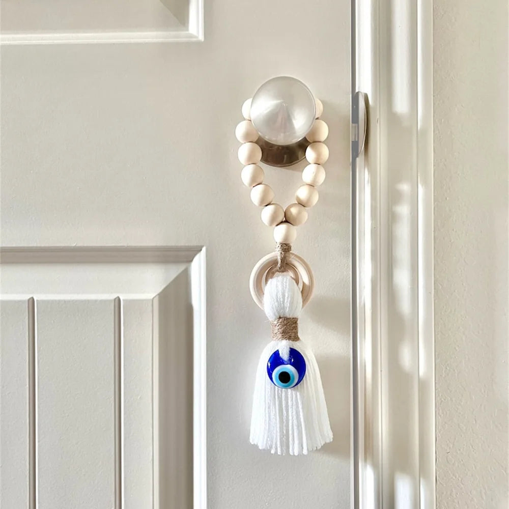 Wooden Guardian Amulet Tassel with Glass Evil Eye Bead Door-Knob Handle Hanging Modern Home Aesthetic Décor Home Decor Gift