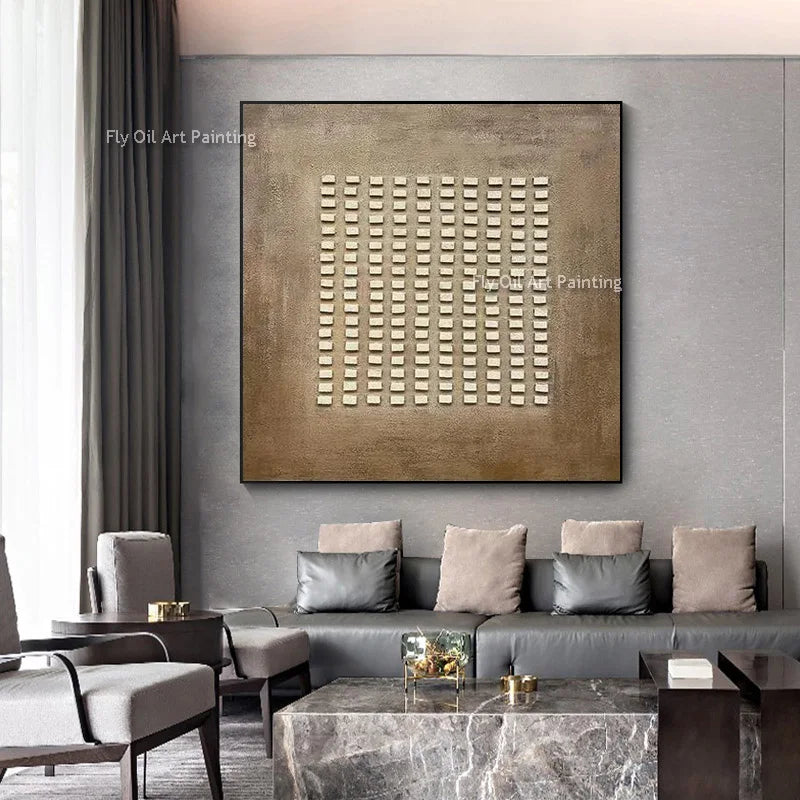 Abstract Brown And Beige Artwork Simple Design Handpainted Beige Piont Texture Thick Canvas Oil Painting For Living Room Decor