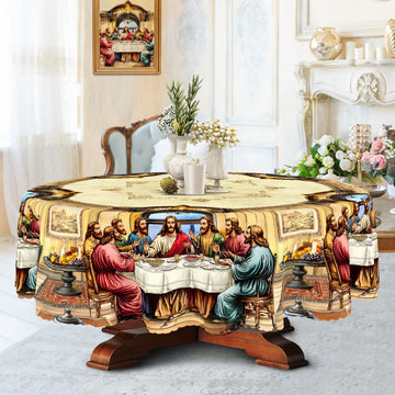 1 Piece, the Last Dinner Theme Tablecloth + 4 Self-Adhesive, Retro Scene Printing, Embossed Edge, Woven Polyester Fabric, Round/Rectangular Tablecloth, for Home Decoration, Kitchen Decoration, Outdoor Garden, Holiday Party, R