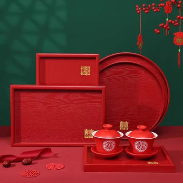 Wedding Red Tray Fruit Tray Chinese Wedding Banquet Wooden Rectangular Tea-Serving Tray Nut Round Tray Wooden Tableware