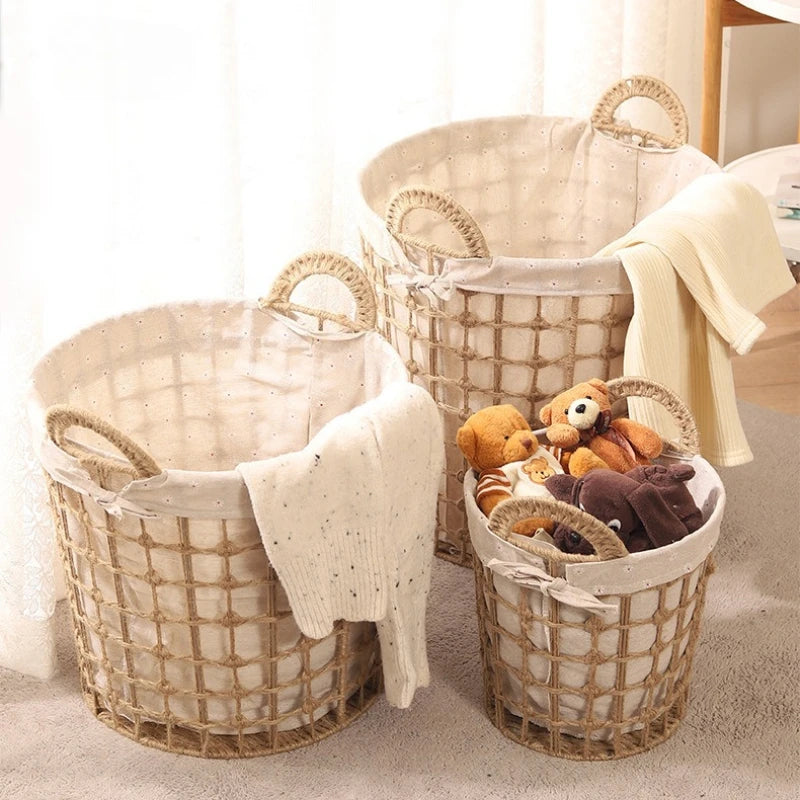 Dirty Laundry Basket Clothes Toy Organizers Bucket Woven Handles Rattan Large Storage Hamper Bathroom Trash Can Home Accessories