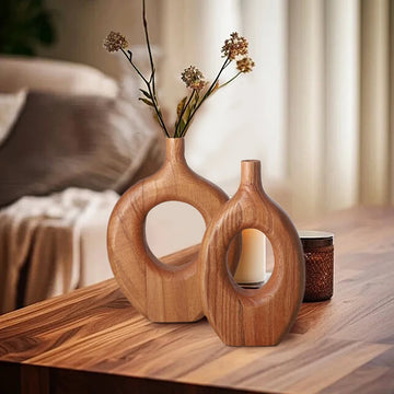 1PC Nordic Style Solid Wood Vase Donut Design Flowerpot Dry Flower Arranging Container Ornament Living Room Table Home Decor