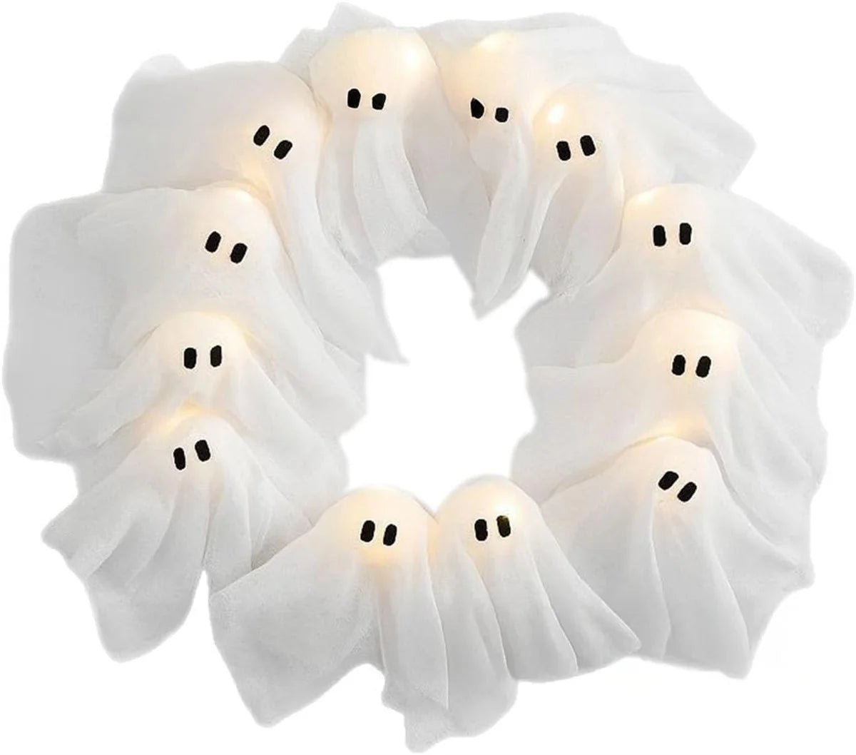 LED Light Up Halloween Ghost Wreath Spooky Glowing Garland for Front Door Wall Decor Battery Powered Indoor Outdoor Holiday