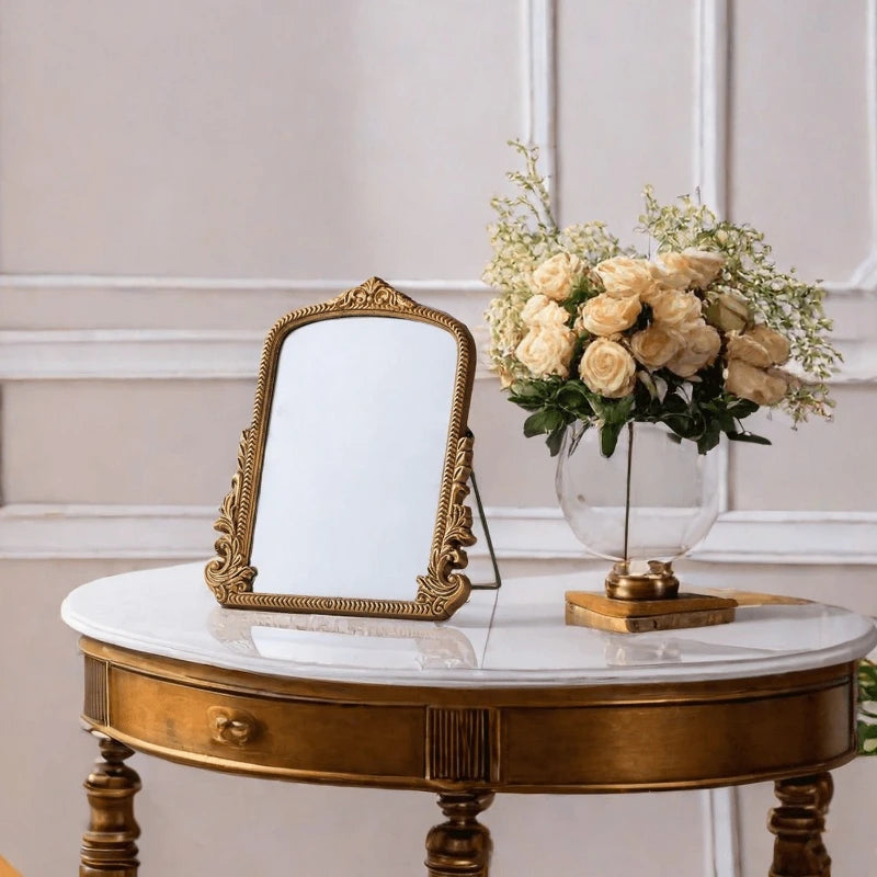 Vintage French Baroque Ornate Wall Mirror Arched Gold Wooden Frame Tabletop Vanity Mirror for Living Room Bedroom Decor