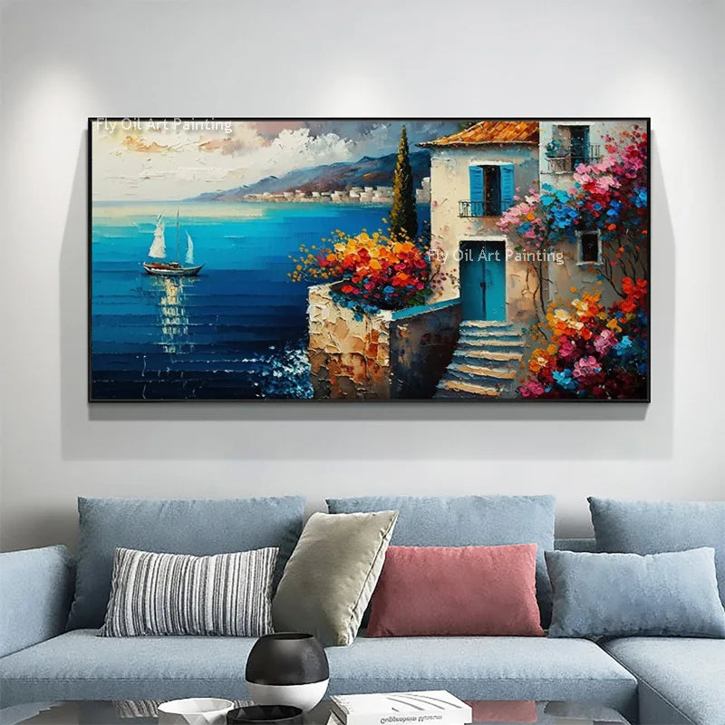 Beautiful Sea View Canvas Wall Decor Hand Painted Sailing Boats Oil Painting Colorful Cityscape Landscape Artwork For Room Decor