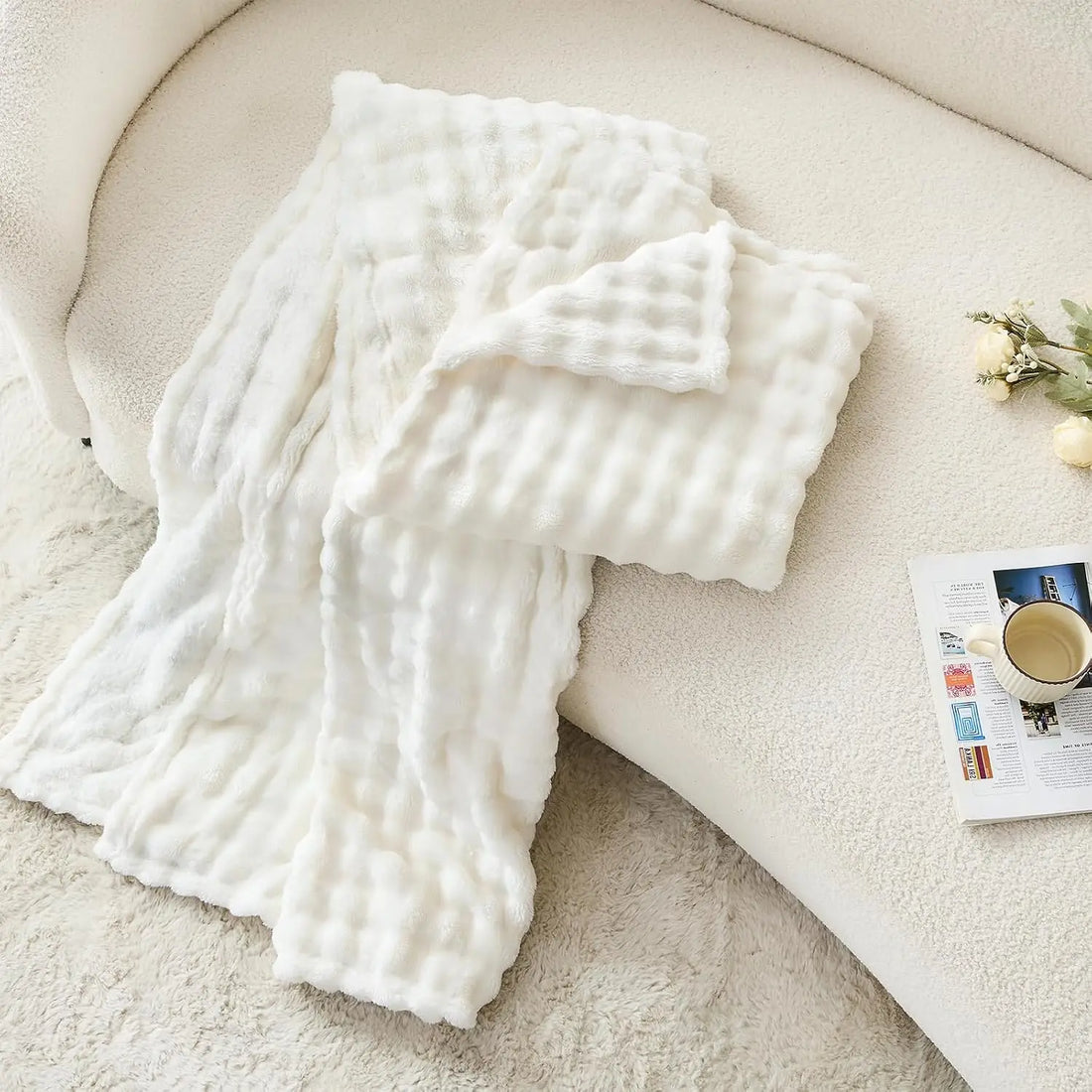 3D Bubble White Plush Blanket Textured Flannel Fleece Soft Warm Cozy Couch Throw Blanket Gift Plaid - Soft Throw Blankets