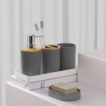5pcsSimple Plastic Wash Bathroom Set with Bamboo Lid Toothbrush Holder Cup Soap Tray Soap Dispenser Kit Set Household Items Gift