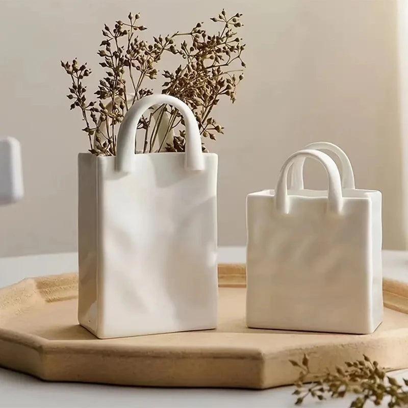 1pc Handbag Shape Vase Modern Decorative White Vase Home Decoration Dried Flower Arrangement Table Decoration
