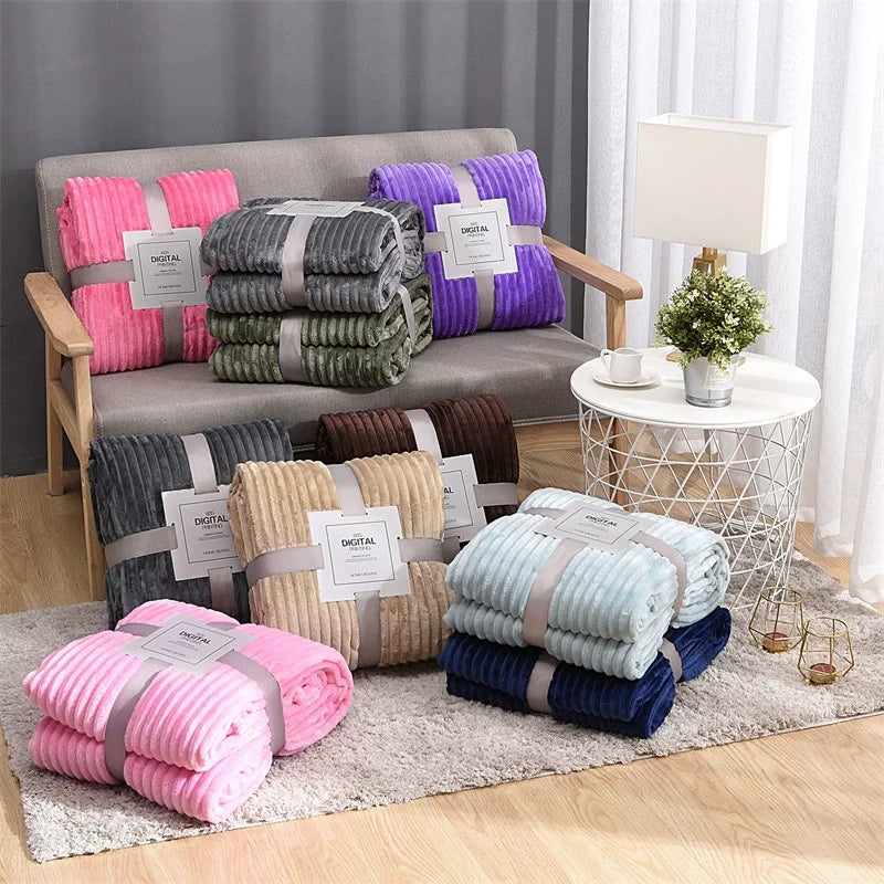 Thickened Striped Faux Rabbit Fur Blanket, Milk Velvet Flannel Throw, Ultra Soft Warm for Couch Bed Sofa All Seasons