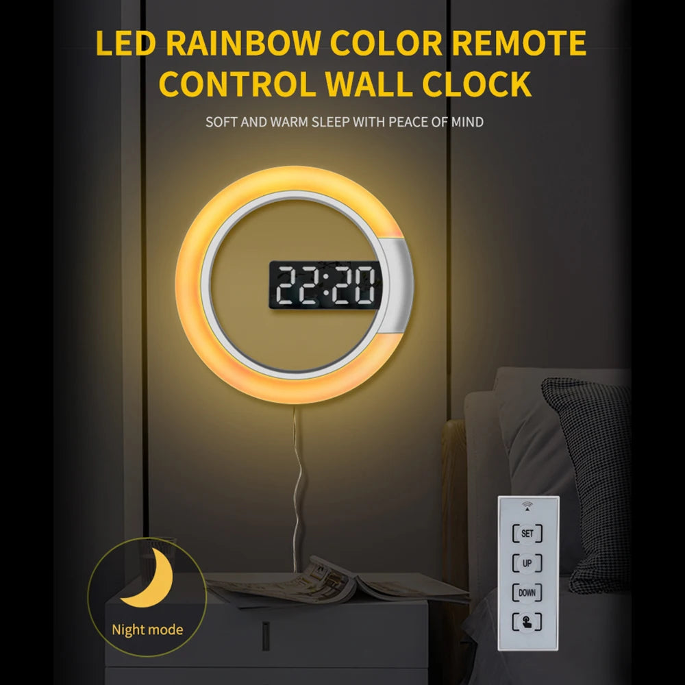 LED Mirror Hollow Wall Clock with Remote Control Round Digital Alarm Clock Wall Decoration Light 7 Color Night Light 12/24H Mode