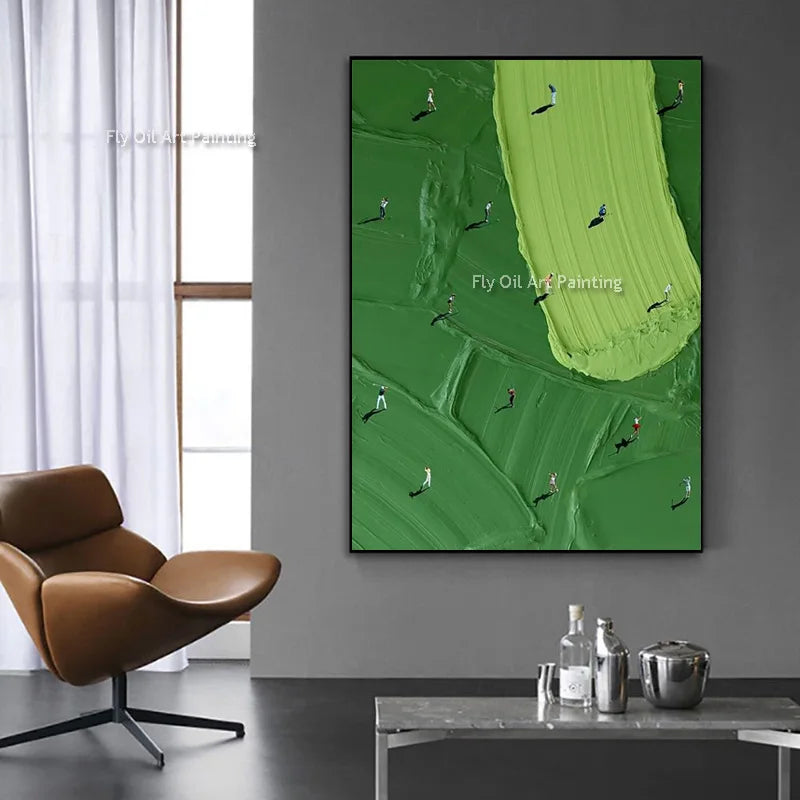 Deep Green Artwork Handpainted Golf Course Oil Painting New Design Blue White People Surfing Canvas Wall Art Decor For Home