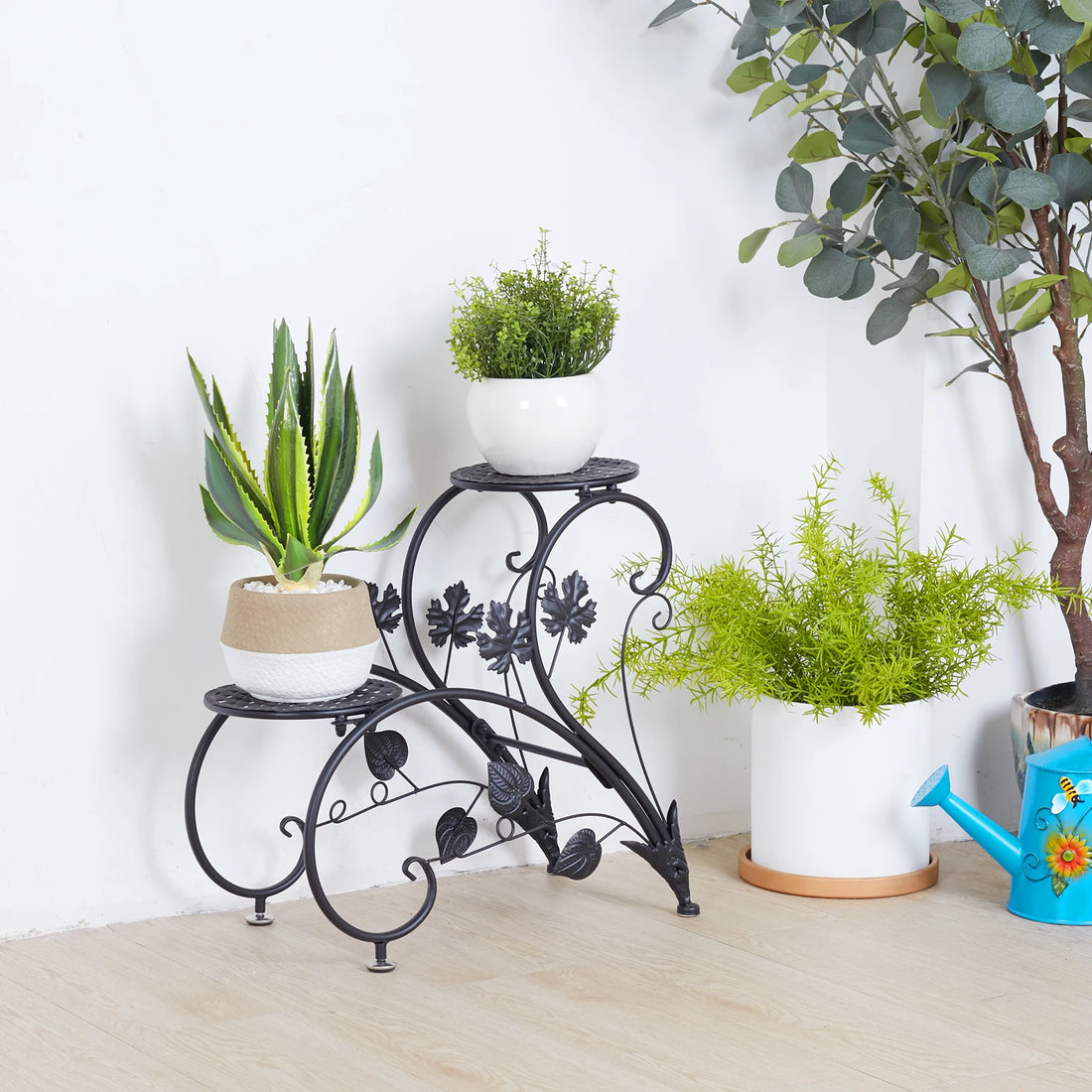 Rustproof Metal Plant Stand 4 Potted Flower Display Rack Shelf for Garden Balcony Office White and Black