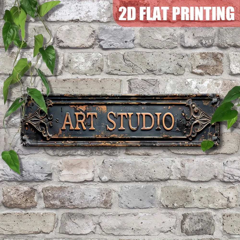 Vintage "Art Studio" Metal Sign , Rustic Black with Ornate Design, Ideal for Home & Office Wall Deco