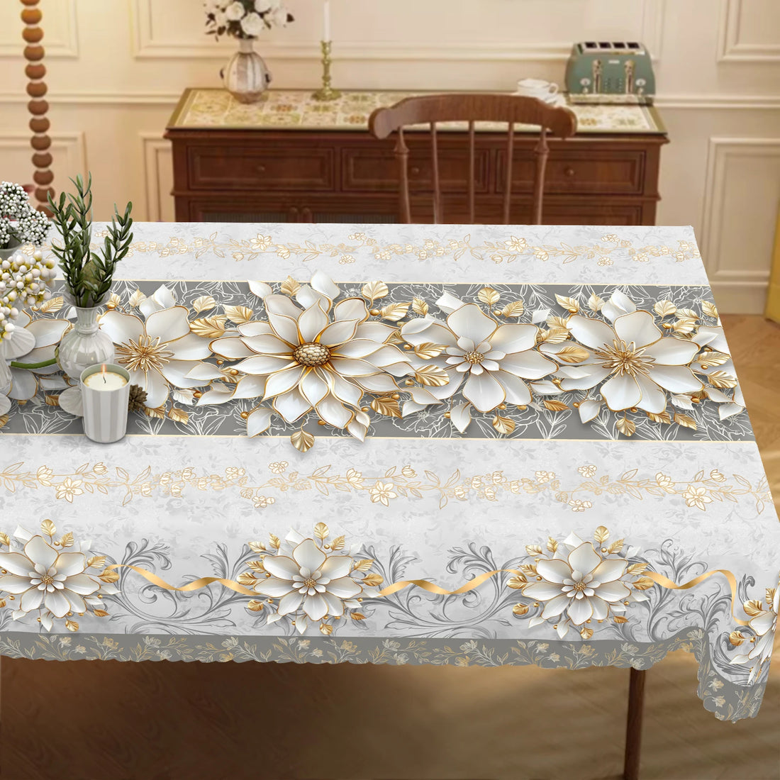 1 Piece of Elegant White and Gold Floral Tablecloth + 4 Self-Adhesive, Retro Silver Gray Luxury Style, Round and Rectangular 3D Printed Tablecloth, Embossed Edge, Durable Woven Polyester Fabric, Suitable for Home Kitchen, Out
