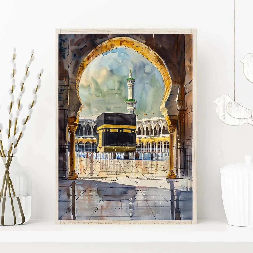 Al-Aqsa Mosque Kaaba Islamic Canvas Poster Watercolors Decorative Painting Modern Pictures Living Room Home Decor Cuadros
