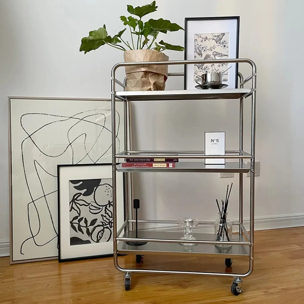 Nordic Stainless Steel Side Table Living Room Mobile Trolley with Wheels Storage Rack Kitchen Multifunctional Storage Rack