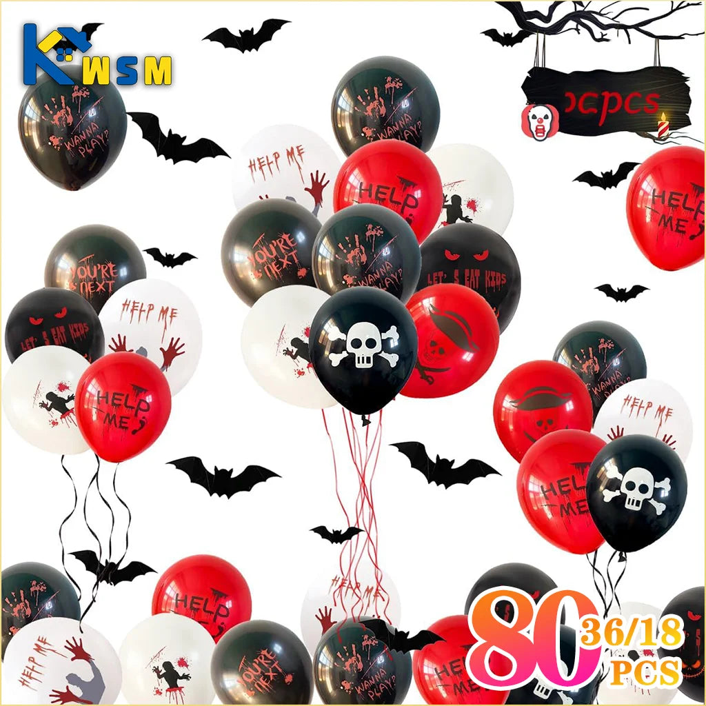 90-18PCS Halloween Horror Balloons Black Red Bloody Handprint Skull Bat Stickers Scary Party Decor for Haunted House Decoration