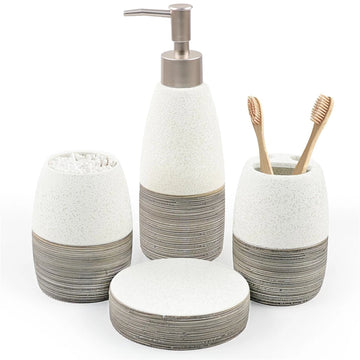 4 Pcs Grey White Ceramic Bathroom Accessories Set, Includes Toothbrush Holder, Toothbrush Cup, Soap Dispenser, Soap Dish