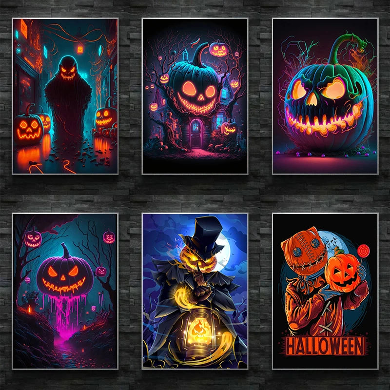 Spooky Neon Halloween Pumpkin House Pumpkin Candles Posters Prints Canvas Printing Wall Art Picture for Cafe Bar Room Home Decor