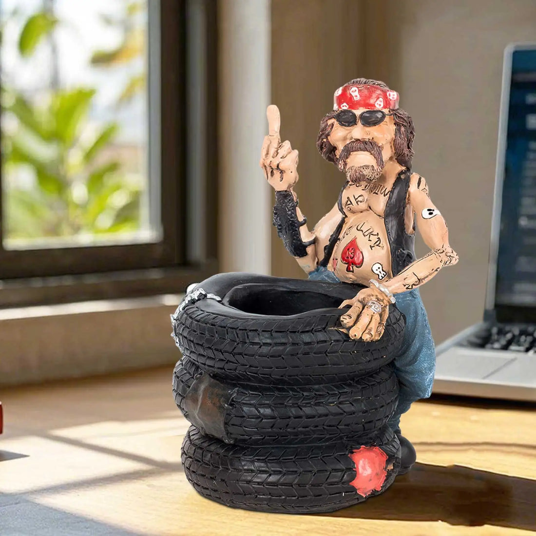 Funny Biker Figurine Sitting on Tires, Middle Finger Gesture Resin Statue, Desk Shelf Decor, Man Cave Motorcycle Gift Ornament