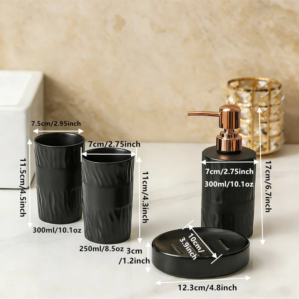 4 Pcs Black Light Luxury Style Bathroom Wash Accessories, Soap Dispenser, Mouthwash Cup, Toothbrush Holder, and Soap Dish