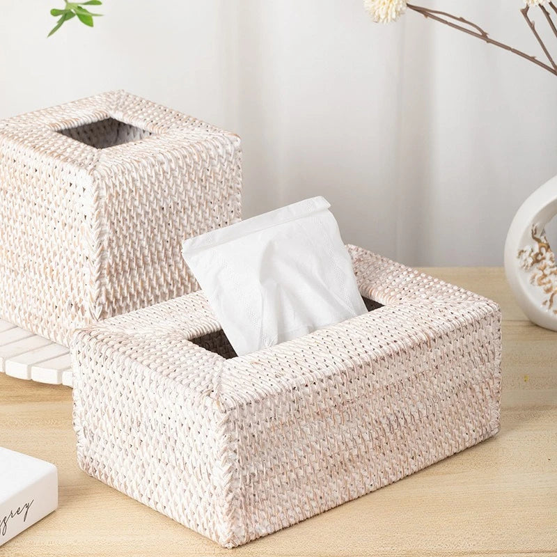 White Washed Rattan Tissue Box Handwoven Bamboo Tissue Holder Creative Wicker Napkin Storage Box Decorative Desktop Organizer