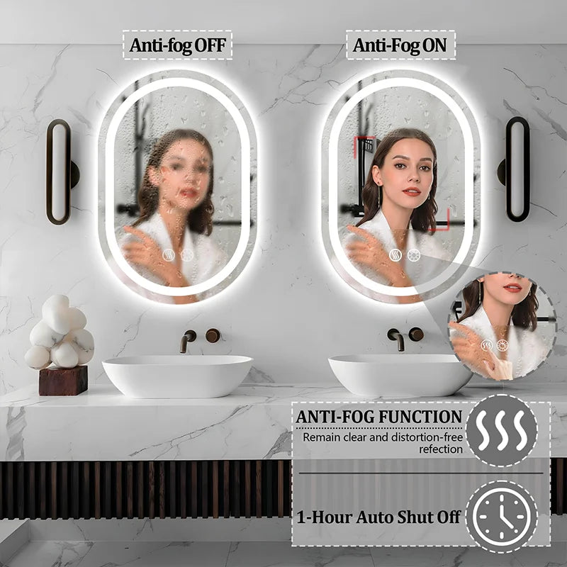Smart LED  Bathroom Mirror, Anti-Fog Defog Function, Wall Mounted Illuminated Makeup Mirror with Touch Sensor for Bathroom