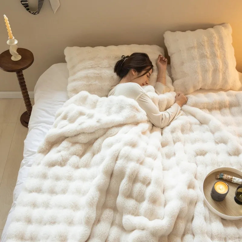 Office doublesided thickened Fluffy Plush Throw sofa blanket Ultra Soft Bubble nap blanket Bedroom Luxury Faux Rabbit Fur Blanke