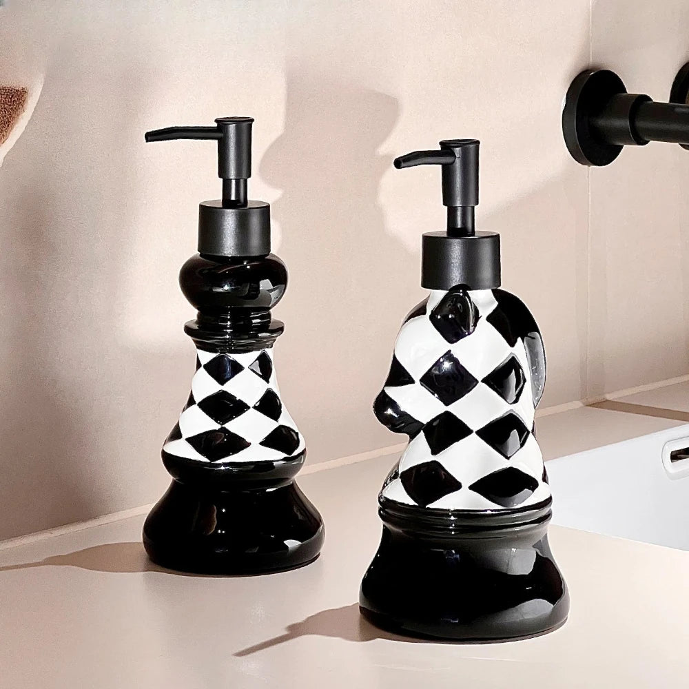 Retro Chess Piece Ceramic Lotion Bottle Checkerboard Pattern Soap Dispenser Creative Chess Knight Rook Design for Bathroom Gifts