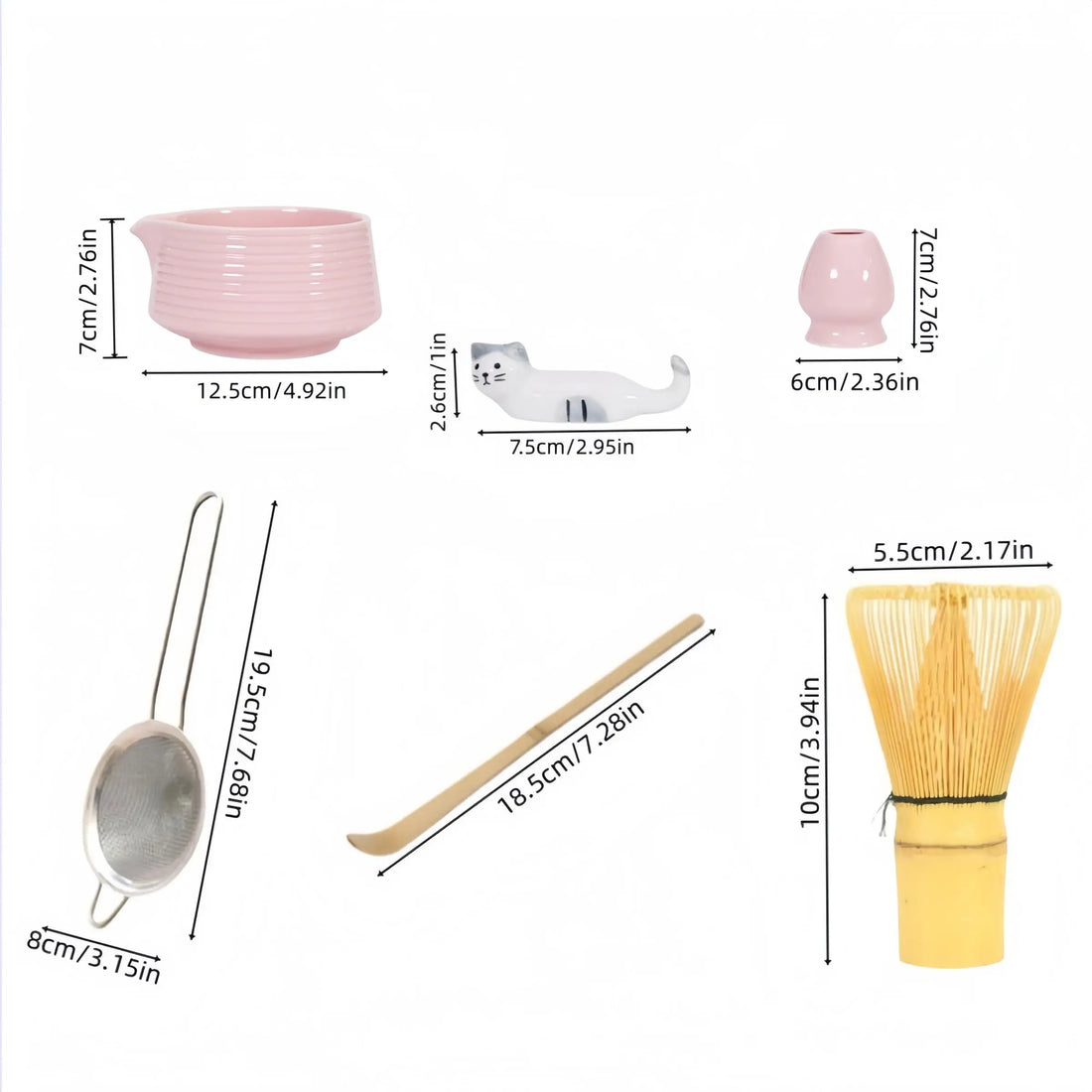 Complete Set of 6 Matcha Tools Including Matcha Bowl, Bamboo Whisk, Powder Sifter, Stainless Steel Sieve, Cute Cat Ornament, Essential for Beginners