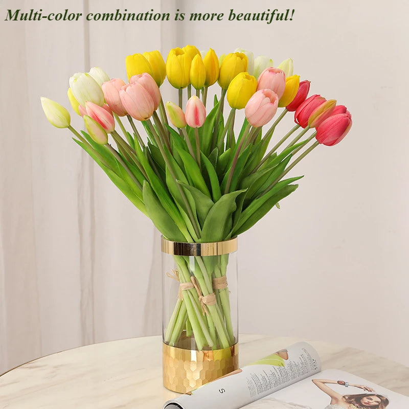 5pcs Artificial Flowers Soft Tulip Fake Flower Real Touch Home Garden Table Wedding Decoration Simulation 5-Head Tulips Bouquet