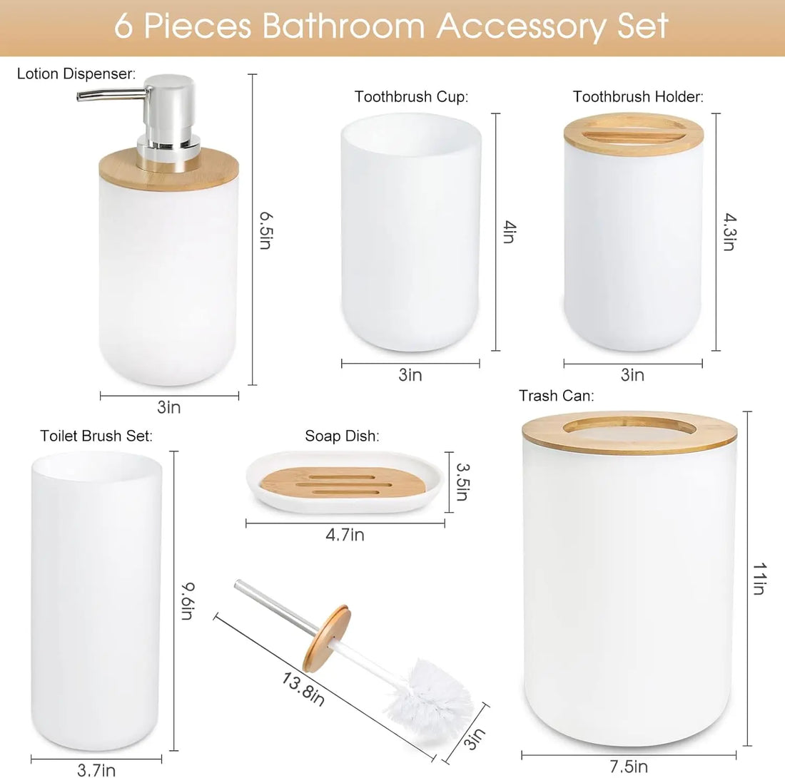 6 Pcs Bamboo Bathroom Accessories Set - Modern White Bath Organizer Kit, Natural Wood Toiletries Holder for Home Decor
