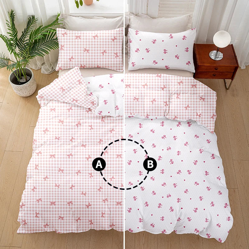 3pcs/set Plaid Bow Print Duvet Cover Set(1 Duvet Cover & 2 Pillowcase）Soft And Skin-Friendly Duvet Cover Bedding Set